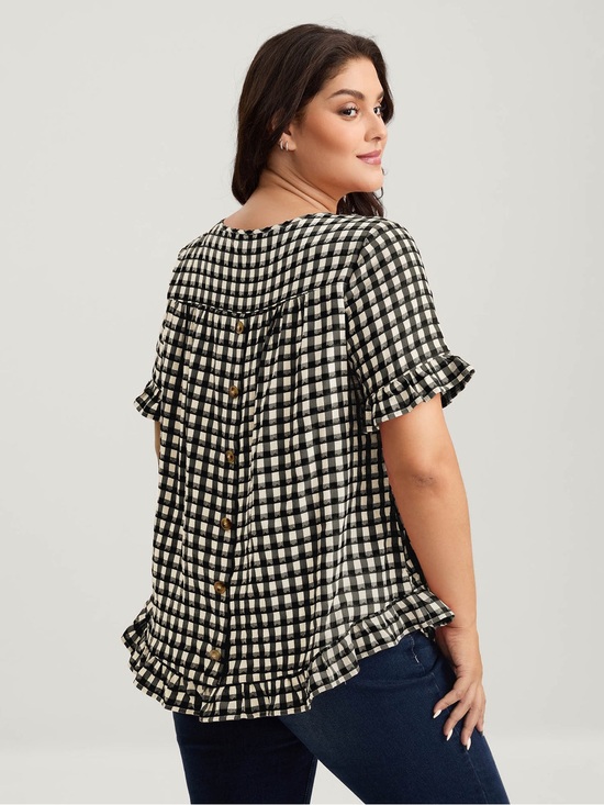 BloomChic Tops - BloomChic Black & White Gingham Ruffle Button-Back Top